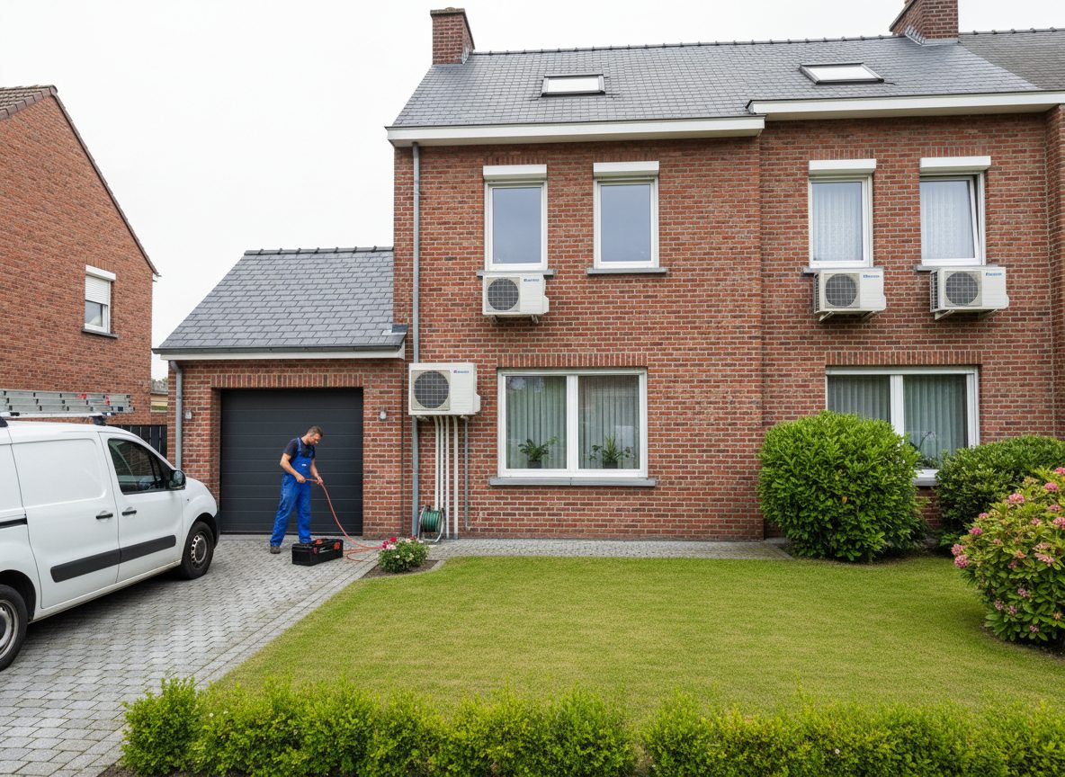 Airconditioning installatie bij bakstenen woning in Vlaanderen