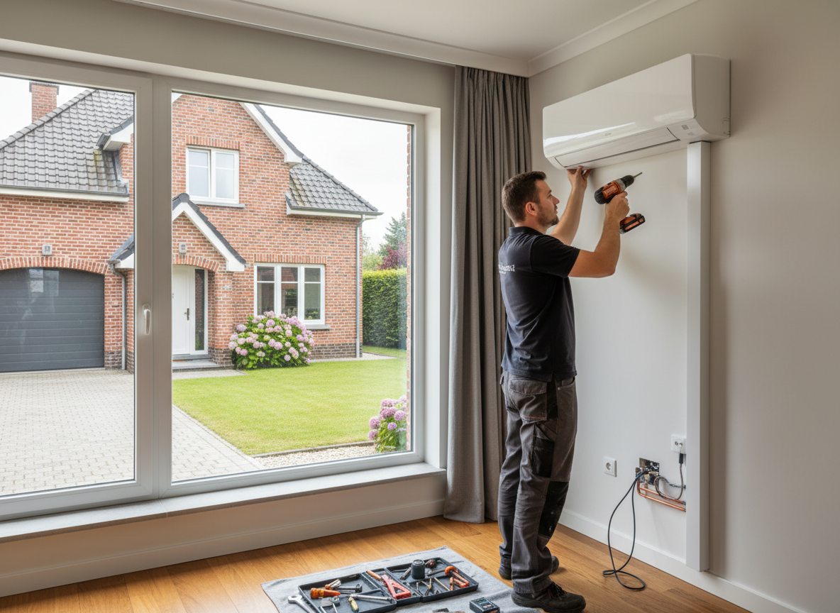 Airconditioning installatie bij bakstenen woning in Vlaanderen